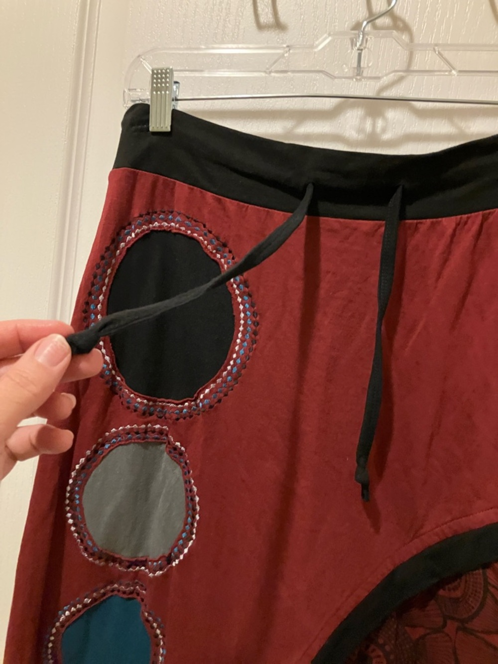 Asymmetrical Burgundy Patchwork Maxi Skirt with Black Trim - Picture 2 of 4